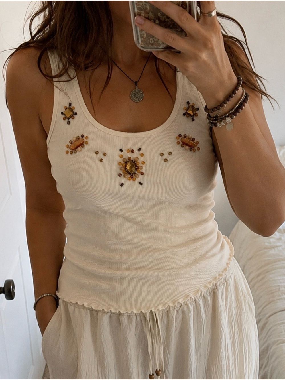 Beaded Scoop Neck Tank Top in Cream
